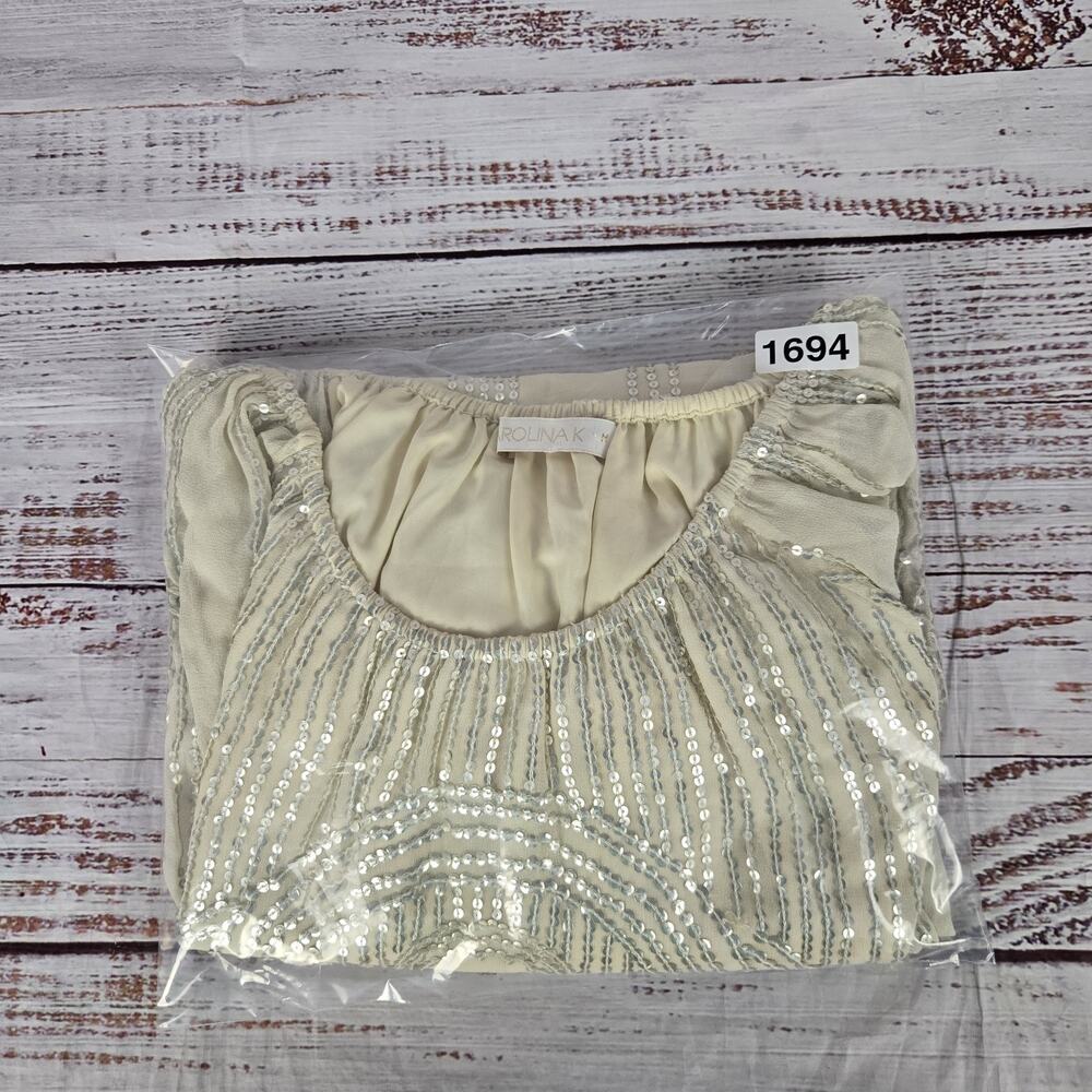 Carolina K Sequin Dress M Cream Cottagecore Sheer Sleeve Ruffle Tier Fairy Glam - Picture 15 of 15
